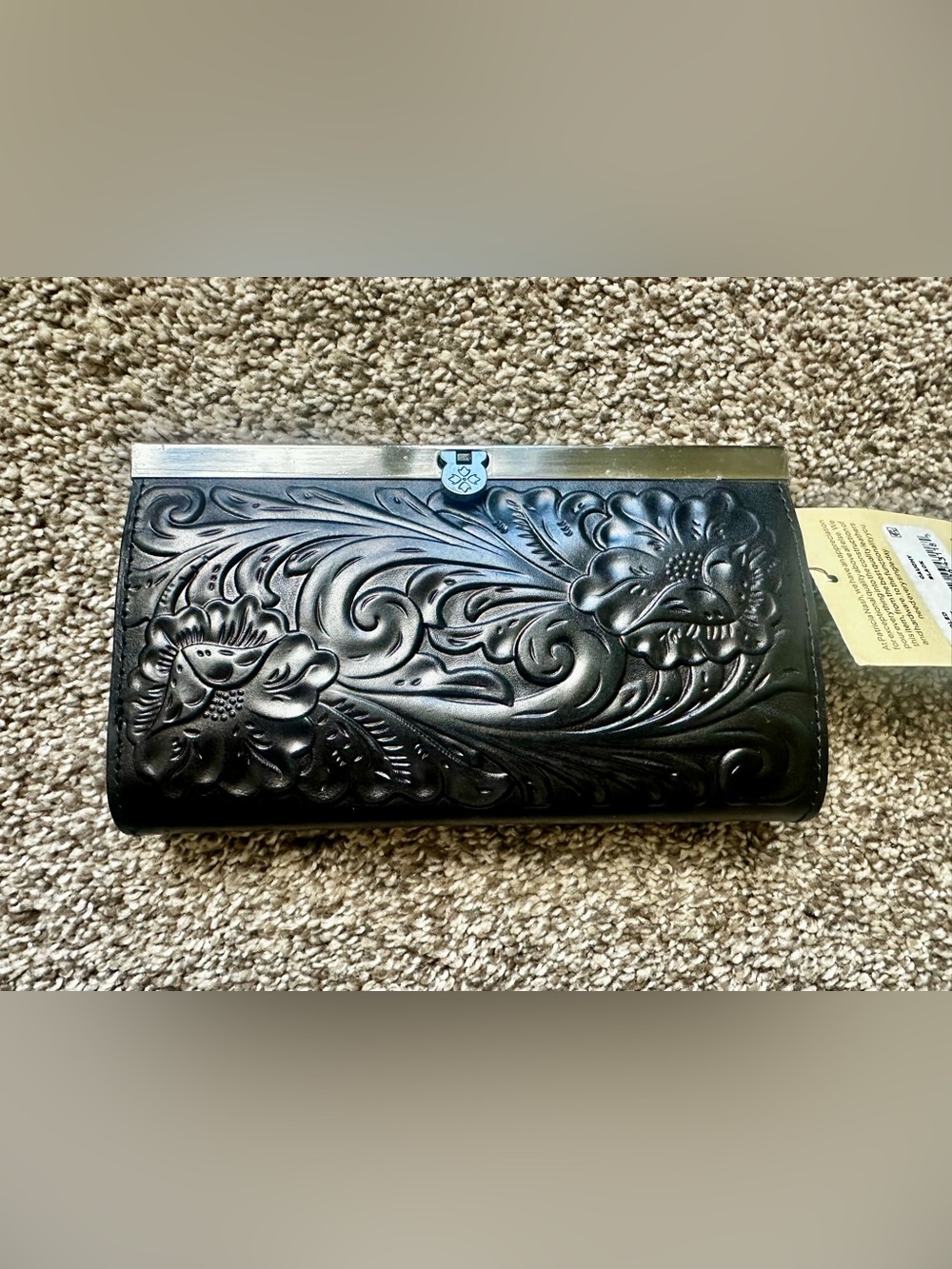 Patricia Nash Black Tooled Floral Leather wallet Cauchy Black